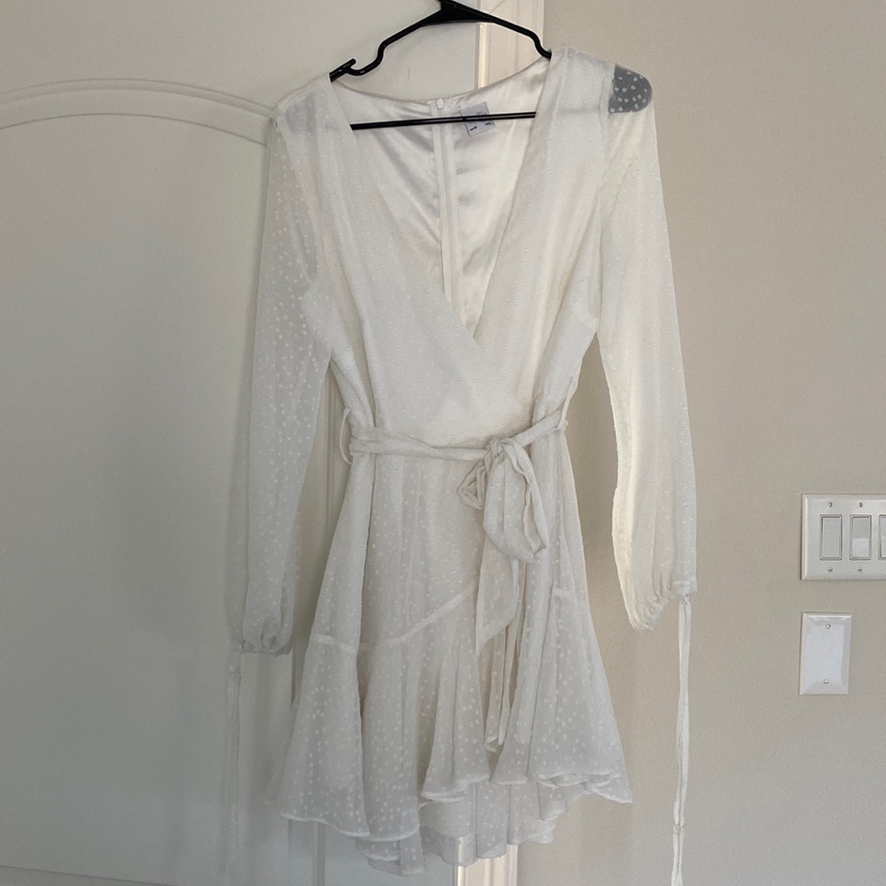Selfie Leslie White Wrap Long Sleeve Mini Dress